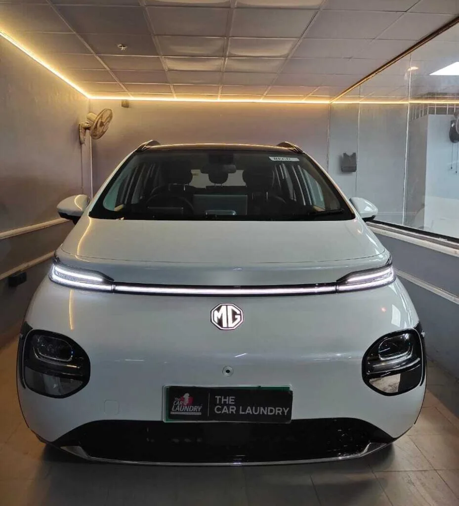 a white car in a garage