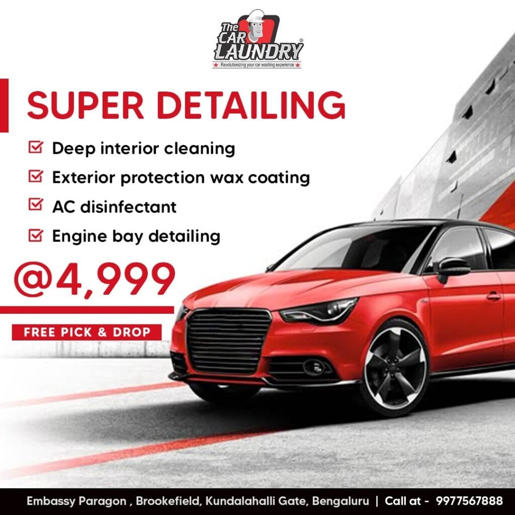Super Detailing car wash package at ₹4,999 with deep interior cleaning, wax coating, AC disinfectant and engine bay detailing - The Car Laundry